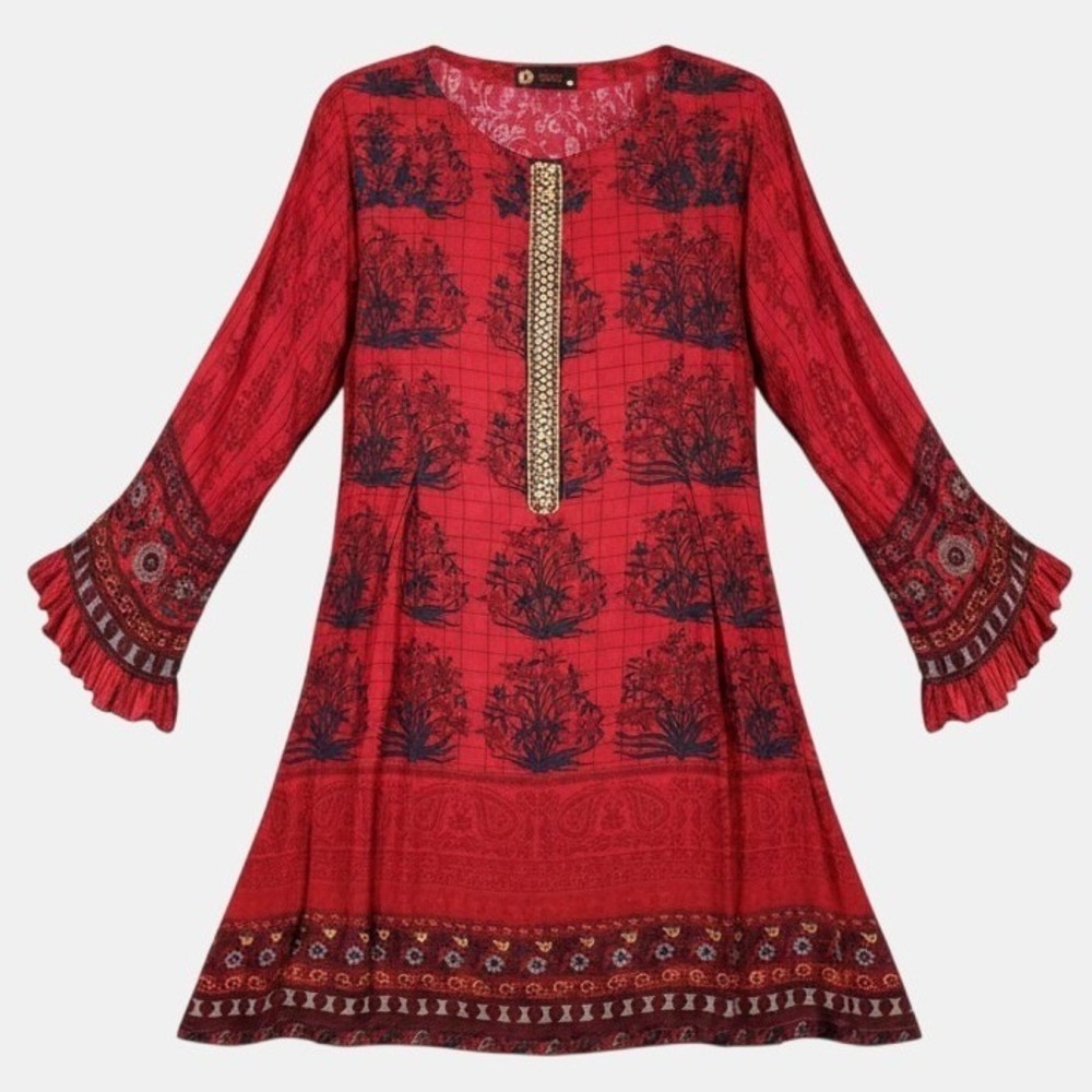 Abiel Classic M Tunic Dress Red Floral‎ Boho Beaded Ruffle Bell Sleeve Festival